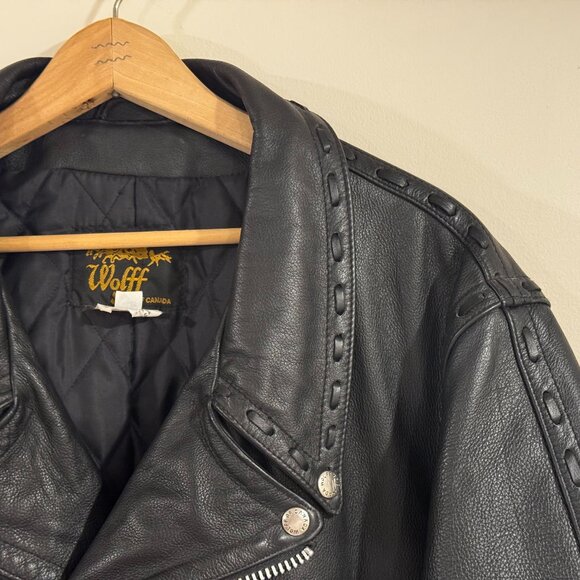 Vintage 1980s Wolff of Canada Motorcycle Biker Laced Leather Jacket Sz 48 Large - Picture 2 of 12